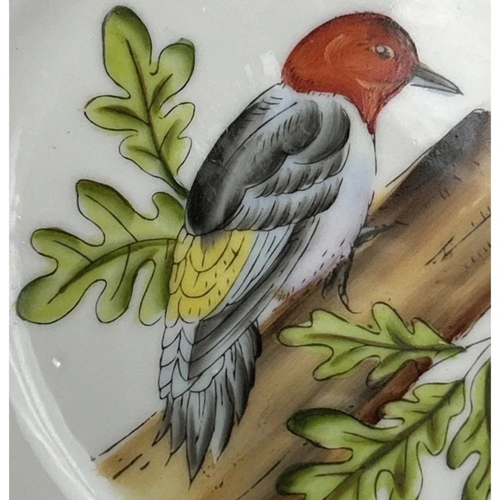 Red Headed Woodpecker Collector Plate Porcelain Gold Trim Signed Wall Napco VTG